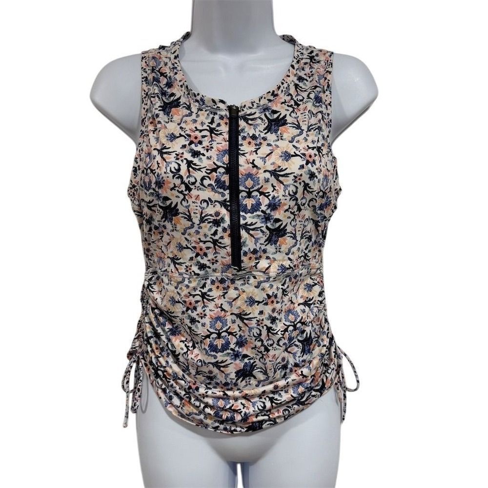 Athleta Womens XS Floral Ruched Rash Guard Swim Top Zip Front Vacation Beach